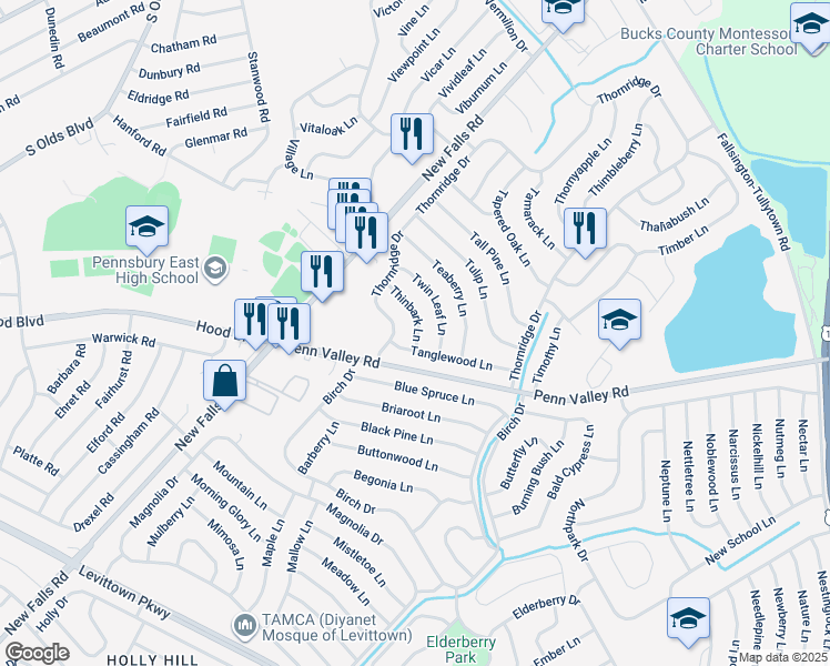 map of restaurants, bars, coffee shops, grocery stores, and more near 23 Thinbark Lane in Levittown