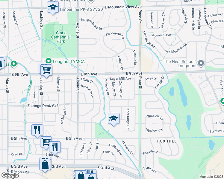 map of restaurants, bars, coffee shops, grocery stores, and more near 806 Megan Court in Longmont