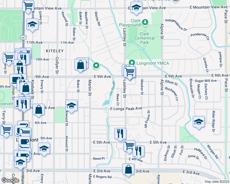 map of restaurants, bars, coffee shops, grocery stores, and more near 807 Rees Court in Longmont