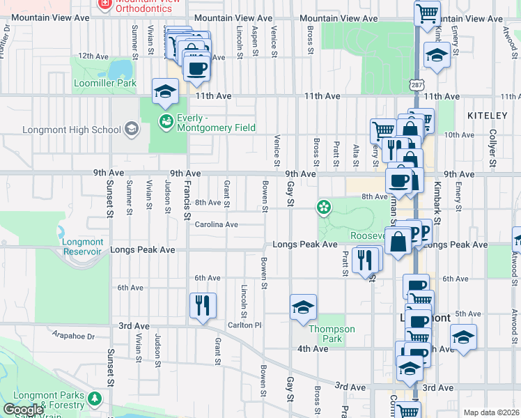map of restaurants, bars, coffee shops, grocery stores, and more near 826 Lincoln Street in Longmont