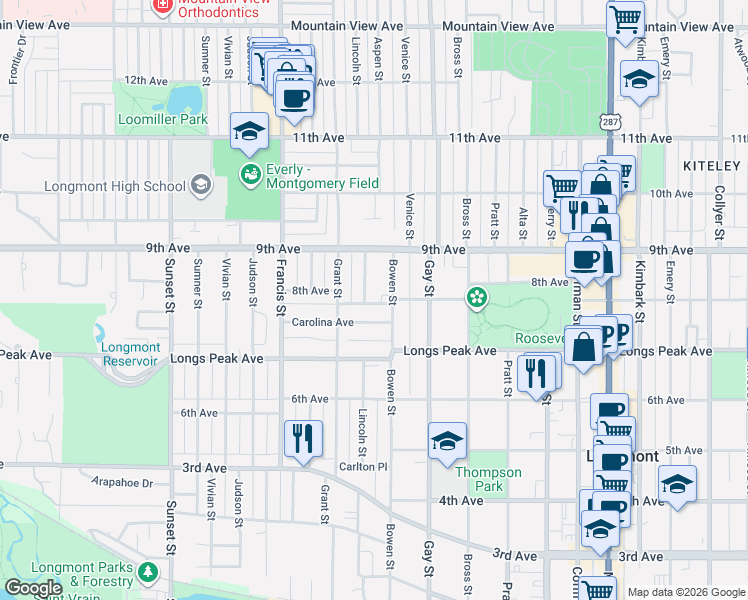 map of restaurants, bars, coffee shops, grocery stores, and more near 826 Lincoln Street in Longmont