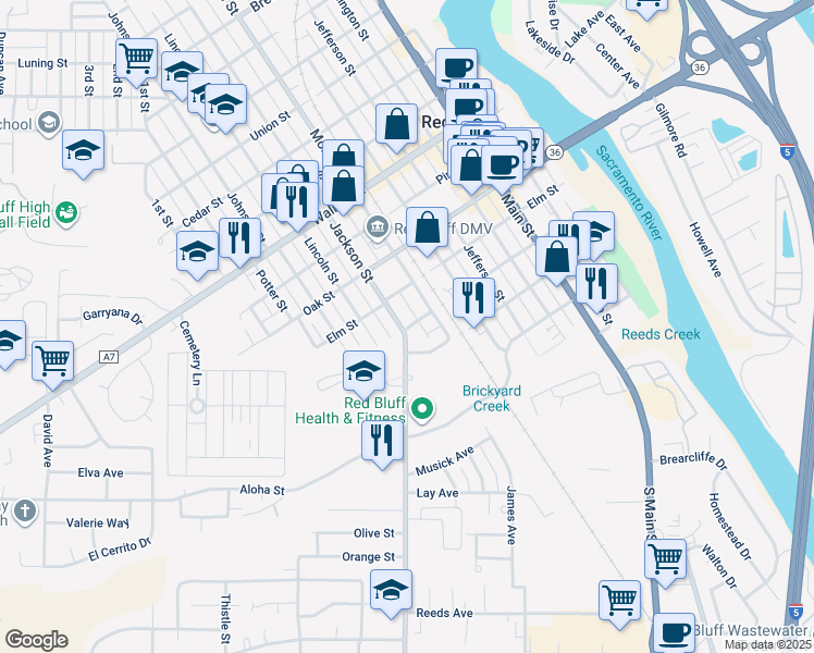 map of restaurants, bars, coffee shops, grocery stores, and more near 432 Jackson Street in Red Bluff