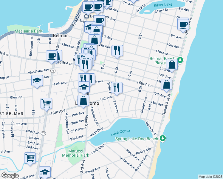 map of restaurants, bars, coffee shops, grocery stores, and more near 1701 Newman Street in Lake Como