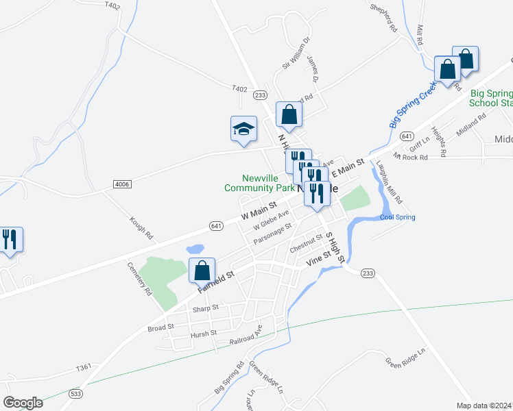map of restaurants, bars, coffee shops, grocery stores, and more near Cove Ave in Newville