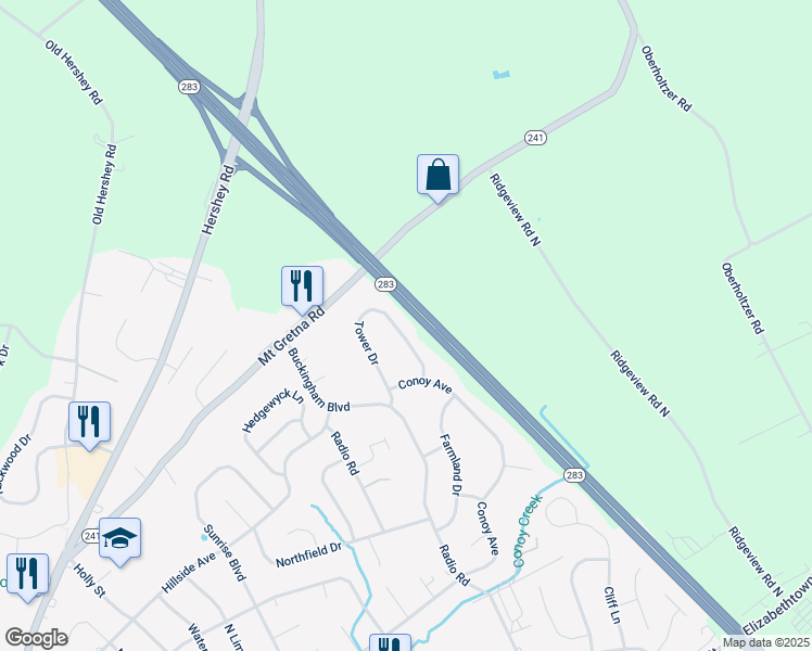 map of restaurants, bars, coffee shops, grocery stores, and more near 30 Tower Drive in Elizabethtown