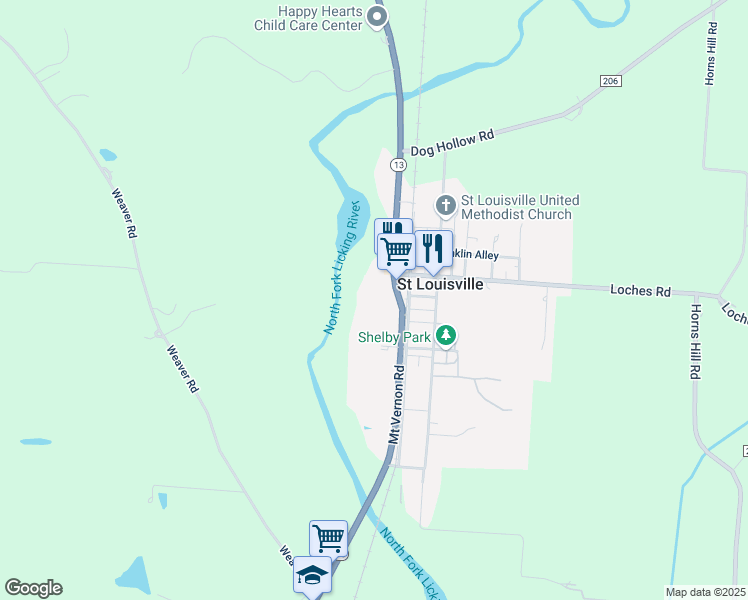 map of restaurants, bars, coffee shops, grocery stores, and more near 8291 Mount Vernon Road in Saint Louisville