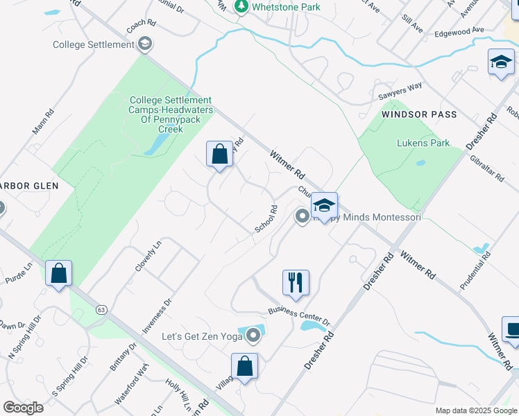 map of restaurants, bars, coffee shops, grocery stores, and more near 105 Cobblestone Circle in Horsham
