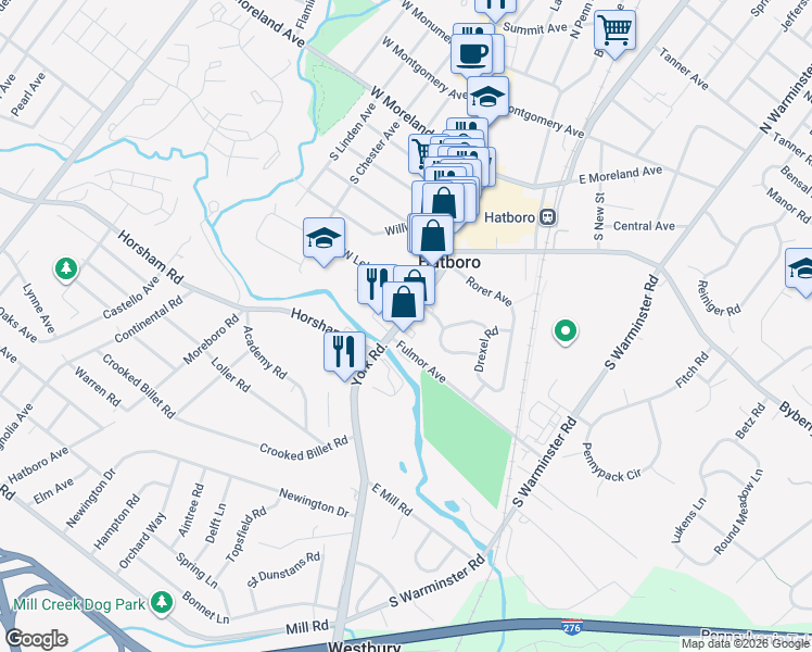 map of restaurants, bars, coffee shops, grocery stores, and more near 319 South York Road in Hatboro