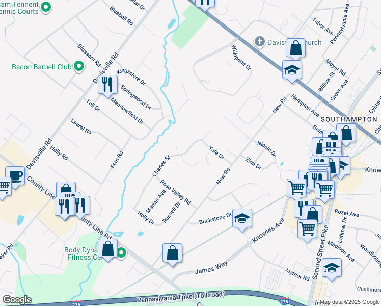 map of restaurants, bars, coffee shops, grocery stores, and more near 273 Charles Street in Southampton