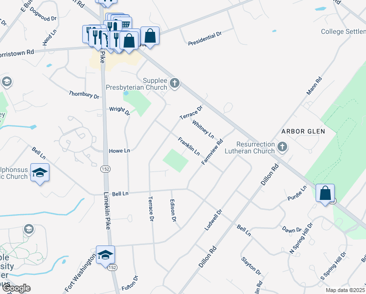map of restaurants, bars, coffee shops, grocery stores, and more near 931 Franklin Lane in Maple Glen