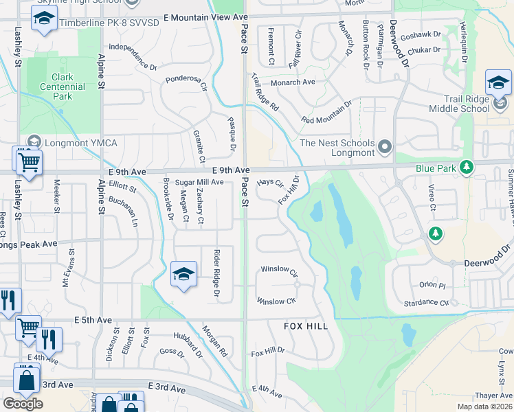 map of restaurants, bars, coffee shops, grocery stores, and more near 723 Hays Circle in Longmont