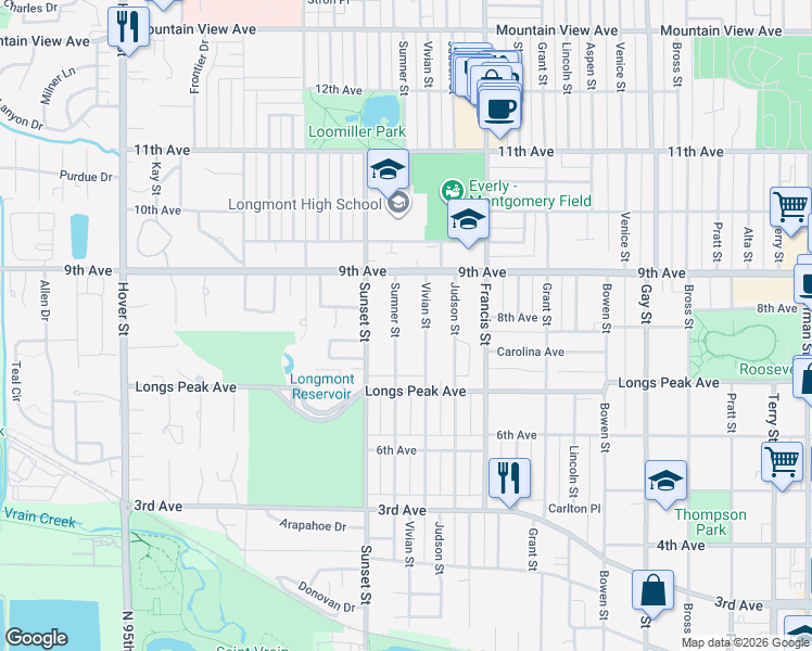 map of restaurants, bars, coffee shops, grocery stores, and more near 820 Sumner Street in Longmont