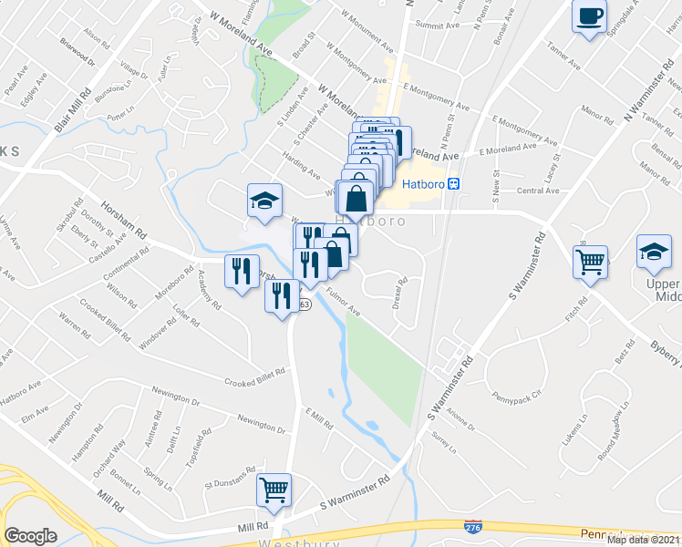 map of restaurants, bars, coffee shops, grocery stores, and more near 319 S York Rd in Hatboro