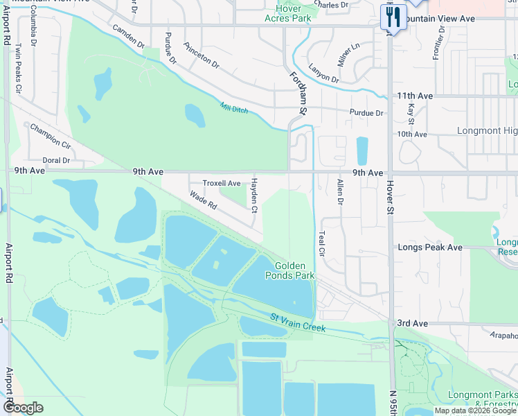 map of restaurants, bars, coffee shops, grocery stores, and more near 732 Wade Road in Longmont