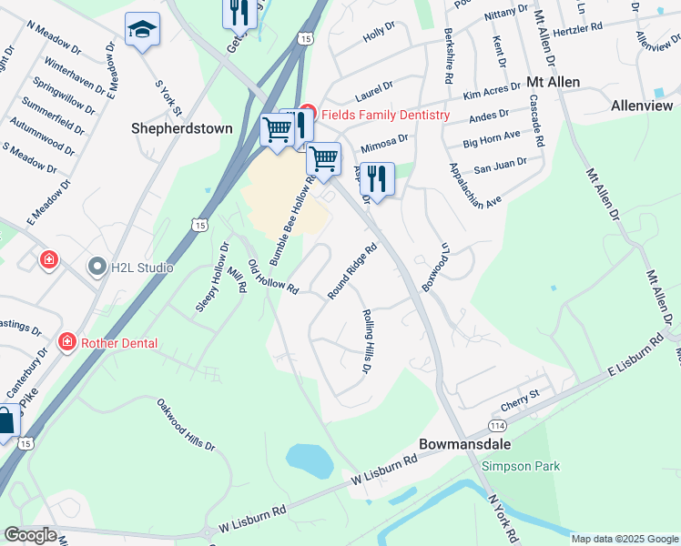 map of restaurants, bars, coffee shops, grocery stores, and more near 26 Round Ridge Road in Mechanicsburg