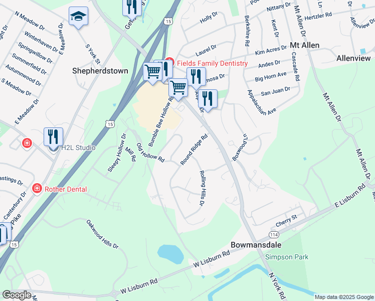 map of restaurants, bars, coffee shops, grocery stores, and more near 26 Round Ridge Road in Mechanicsburg