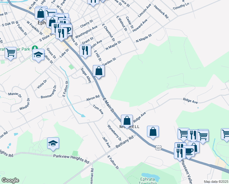 map of restaurants, bars, coffee shops, grocery stores, and more near 551 East Hill Street in Ephrata