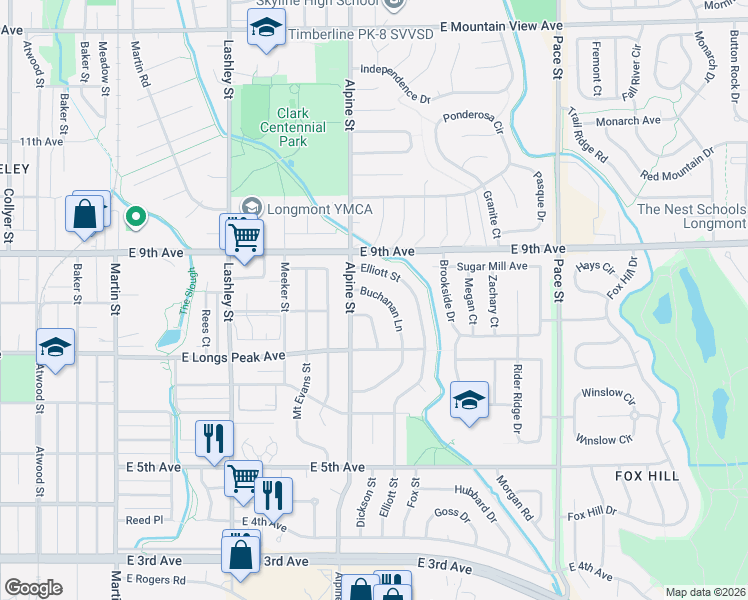 map of restaurants, bars, coffee shops, grocery stores, and more near 854 Buchanan Lane in Longmont