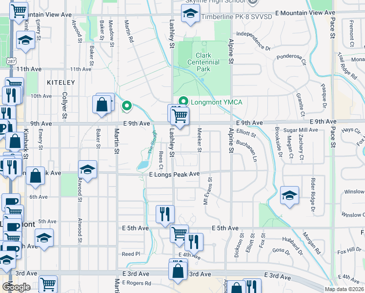 map of restaurants, bars, coffee shops, grocery stores, and more near 820 Lashley Street in Longmont