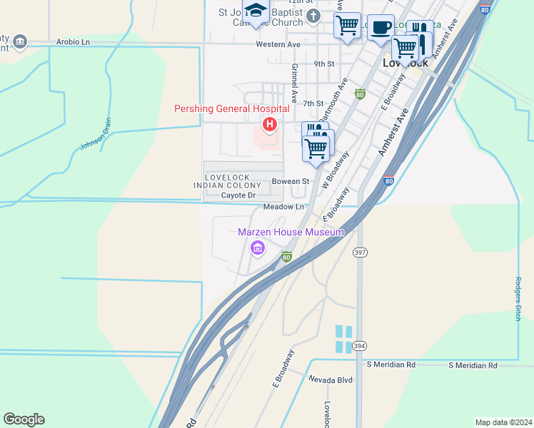 map of restaurants, bars, coffee shops, grocery stores, and more near 298 Meadow Lane in Lovelock