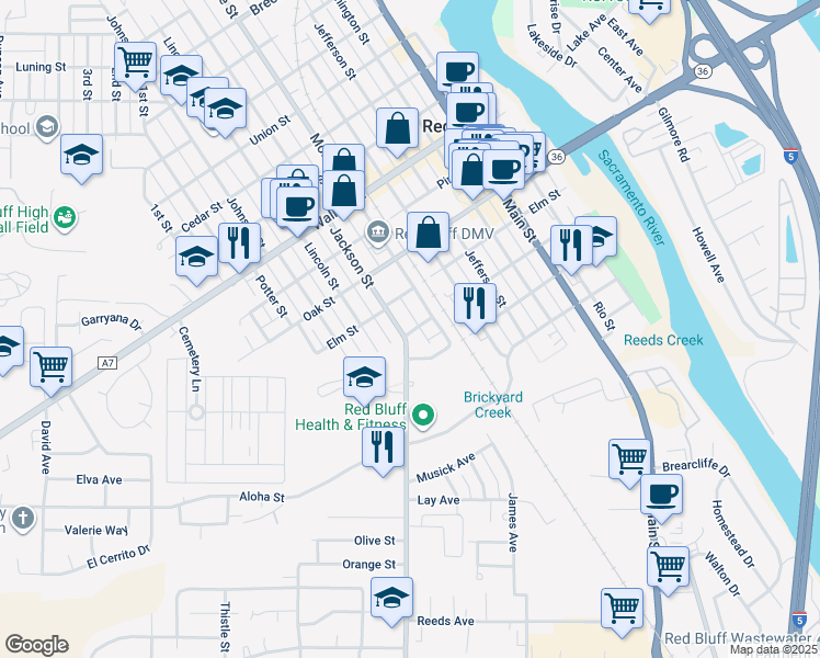 map of restaurants, bars, coffee shops, grocery stores, and more near 432 Jackson Street in Red Bluff