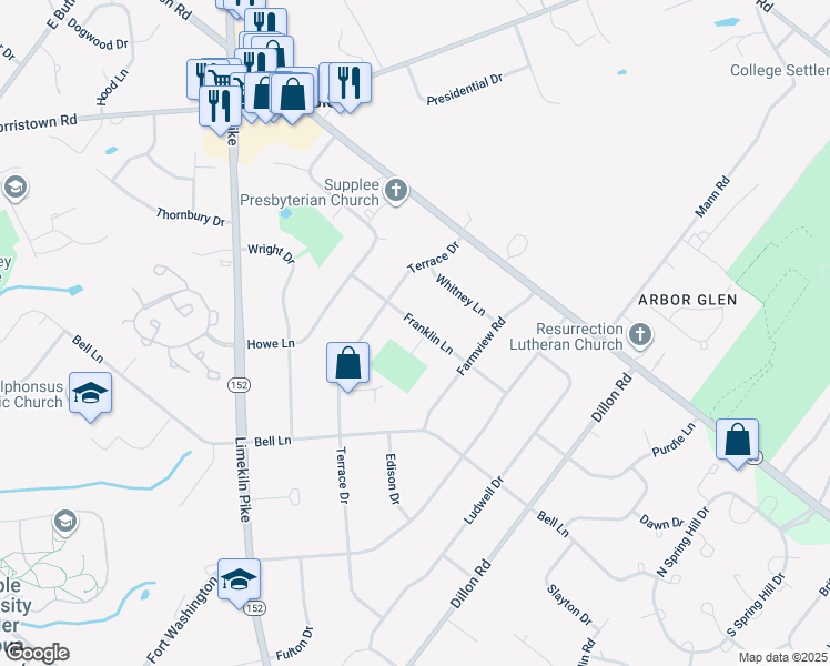 map of restaurants, bars, coffee shops, grocery stores, and more near 931 Franklin Lane in Maple Glen