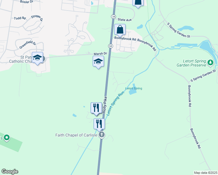 map of restaurants, bars, coffee shops, grocery stores, and more near 1421 Holly Pike in Carlisle