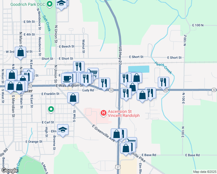 map of restaurants, bars, coffee shops, grocery stores, and more near 781 East Washington Street in Winchester