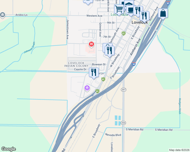 map of restaurants, bars, coffee shops, grocery stores, and more near 298 Meadow Lane in Lovelock