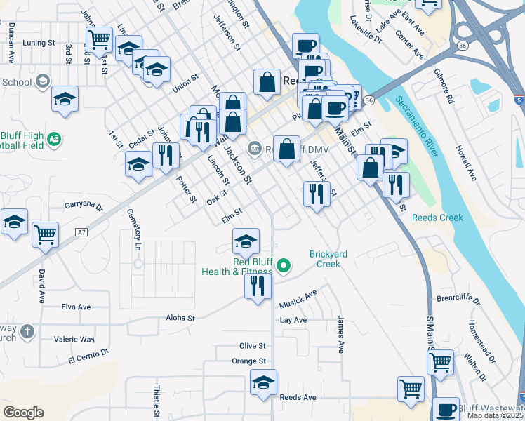 map of restaurants, bars, coffee shops, grocery stores, and more near 419 Jackson Street in Red Bluff