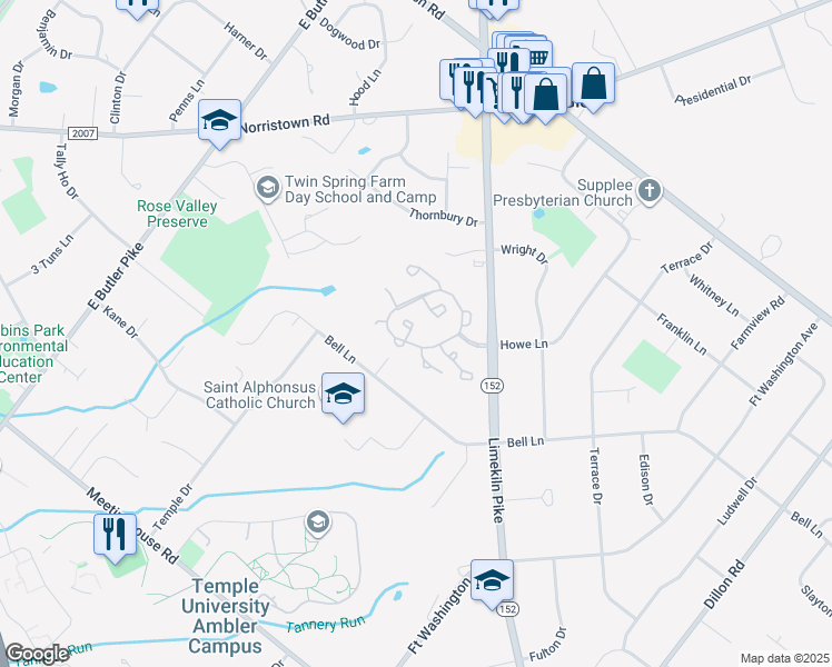 map of restaurants, bars, coffee shops, grocery stores, and more near 206 Bolton Court in Maple Glen