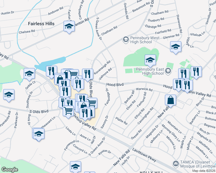 map of restaurants, bars, coffee shops, grocery stores, and more near 513 Hood Boulevard in Fairless Hills