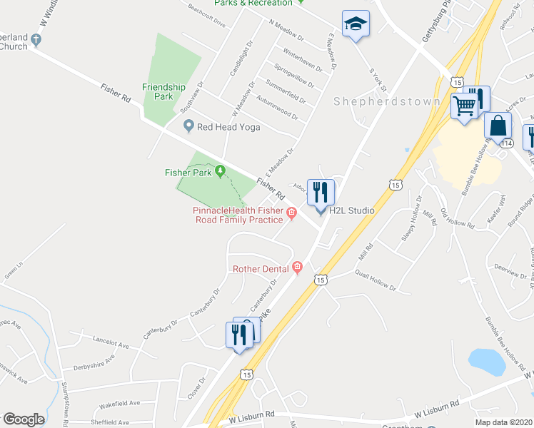 map of restaurants, bars, coffee shops, grocery stores, and more near 554 Meadowcroft Circle in Mechanicsburg