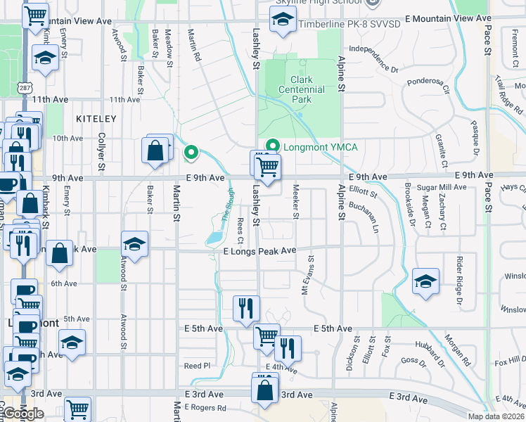 map of restaurants, bars, coffee shops, grocery stores, and more near 804 Lashley Street in Longmont