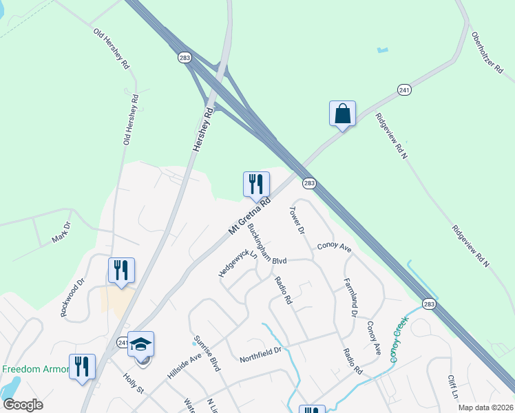 map of restaurants, bars, coffee shops, grocery stores, and more near 800 Mount Gretna Road in Elizabethtown