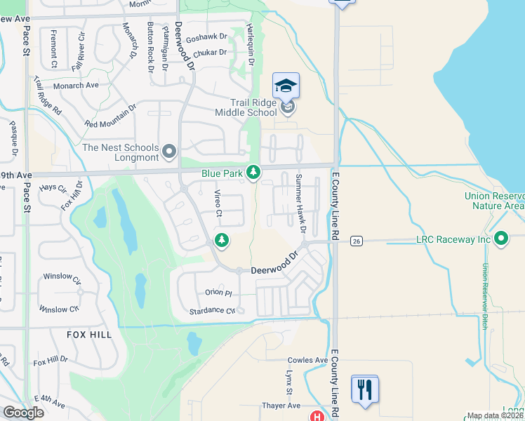 map of restaurants, bars, coffee shops, grocery stores, and more near 805 Summer Hawk Drive in Longmont