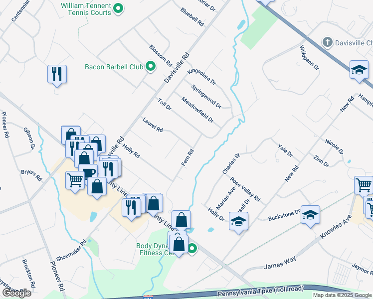 map of restaurants, bars, coffee shops, grocery stores, and more near 190 Laurel Road in Bucks County