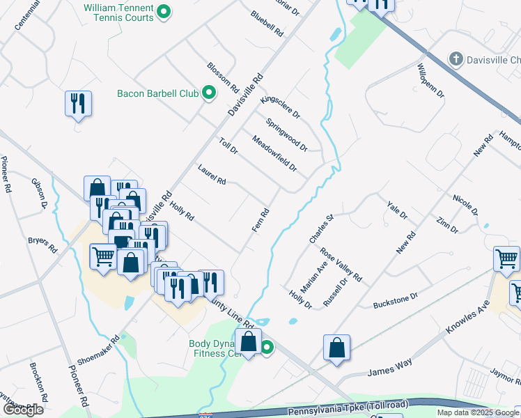 map of restaurants, bars, coffee shops, grocery stores, and more near 190 Laurel Road in Bucks County