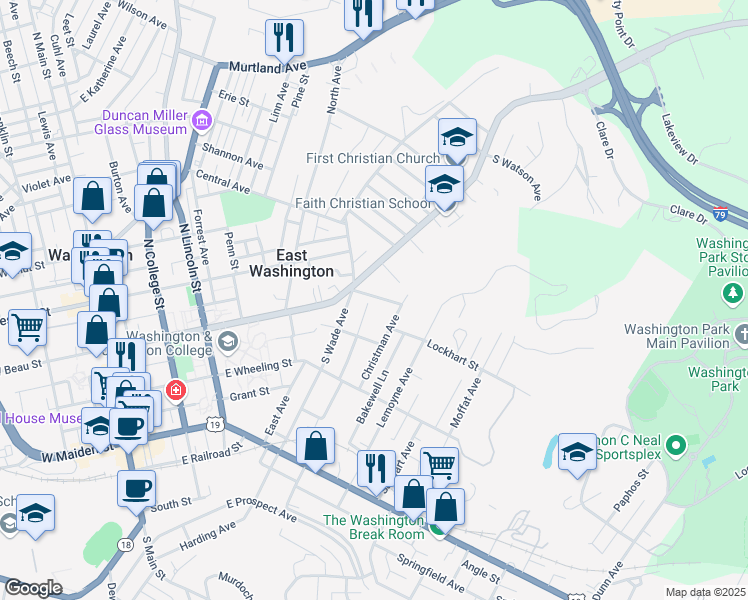 map of restaurants, bars, coffee shops, grocery stores, and more near 19 Thayer Street in Washington