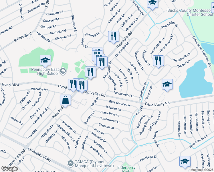 map of restaurants, bars, coffee shops, grocery stores, and more near 444 Thornridge Drive in Levittown