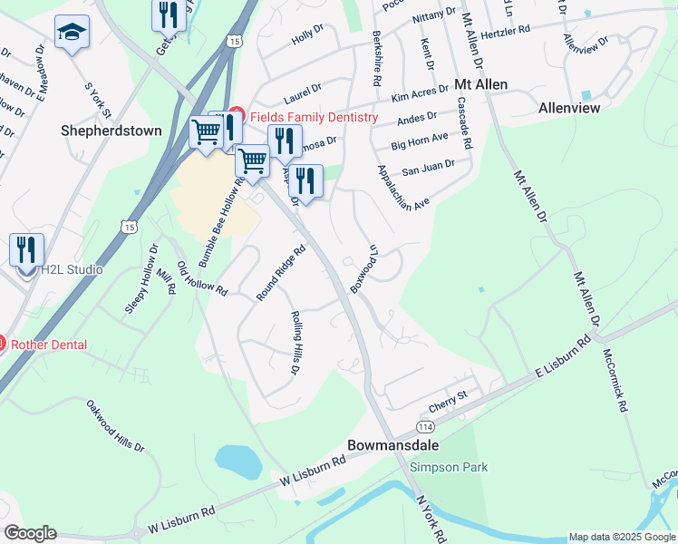 map of restaurants, bars, coffee shops, grocery stores, and more near 87 Broadwell Lane in Mechanicsburg