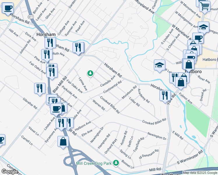 map of restaurants, bars, coffee shops, grocery stores, and more near 432 Continental Road in Hatboro