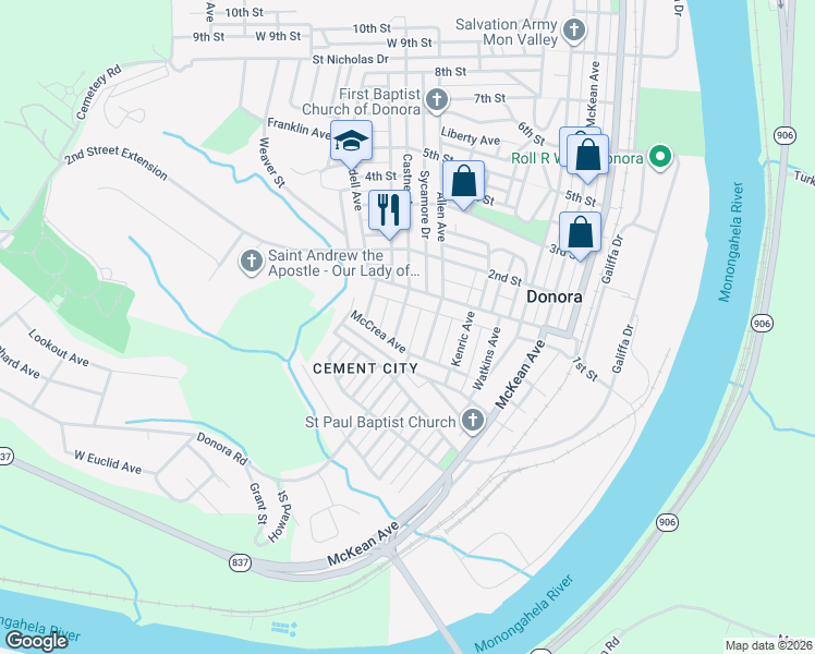 map of restaurants, bars, coffee shops, grocery stores, and more near 84 Castner Avenue in Donora