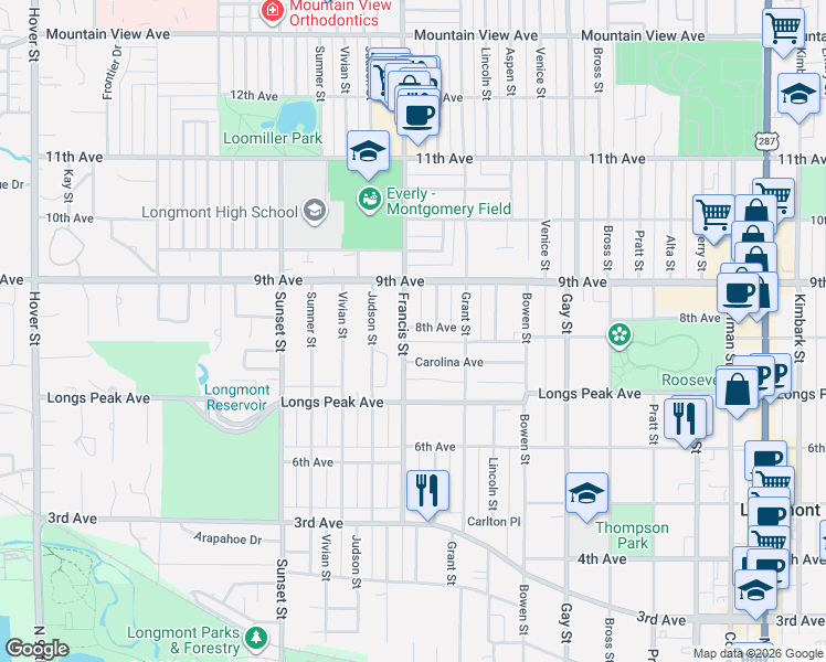 map of restaurants, bars, coffee shops, grocery stores, and more near 809 Sherman Street in Longmont