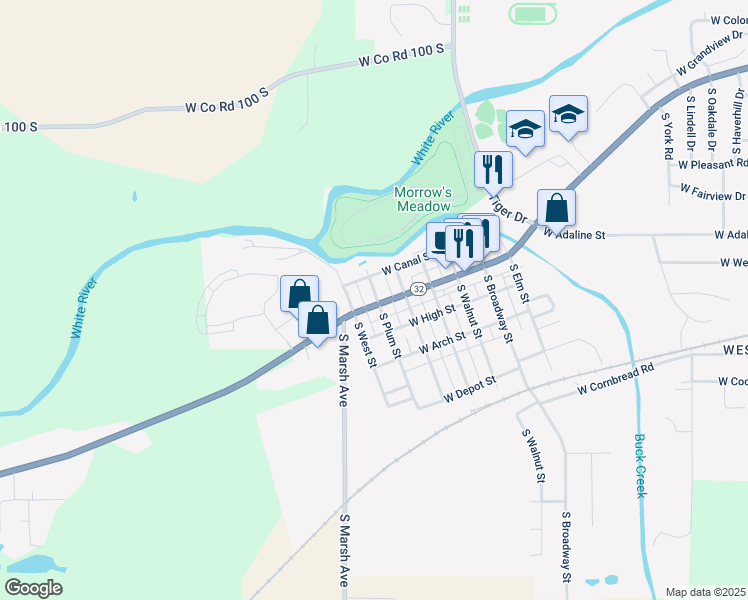map of restaurants, bars, coffee shops, grocery stores, and more near 2104 South Plum Street in Yorktown