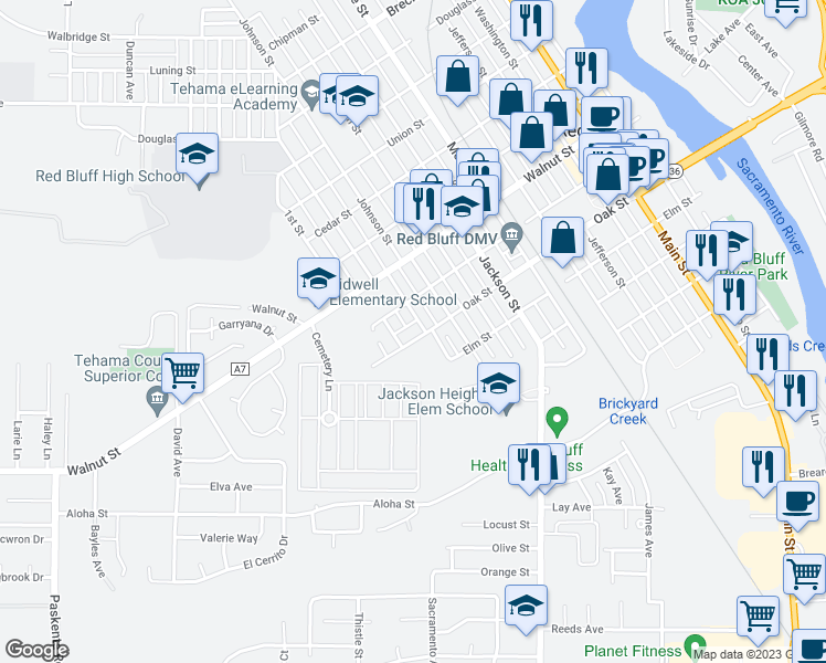 map of restaurants, bars, coffee shops, grocery stores, and more near 1114 Oak Street in Red Bluff