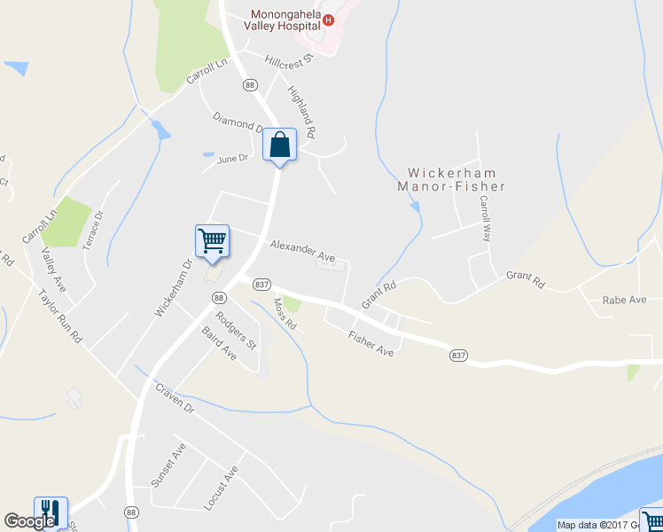 map of restaurants, bars, coffee shops, grocery stores, and more near 120 Alexander Avenue in Monongahela