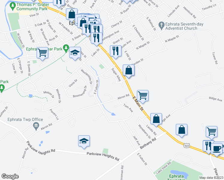 map of restaurants, bars, coffee shops, grocery stores, and more near 26 Michael Court in Ephrata