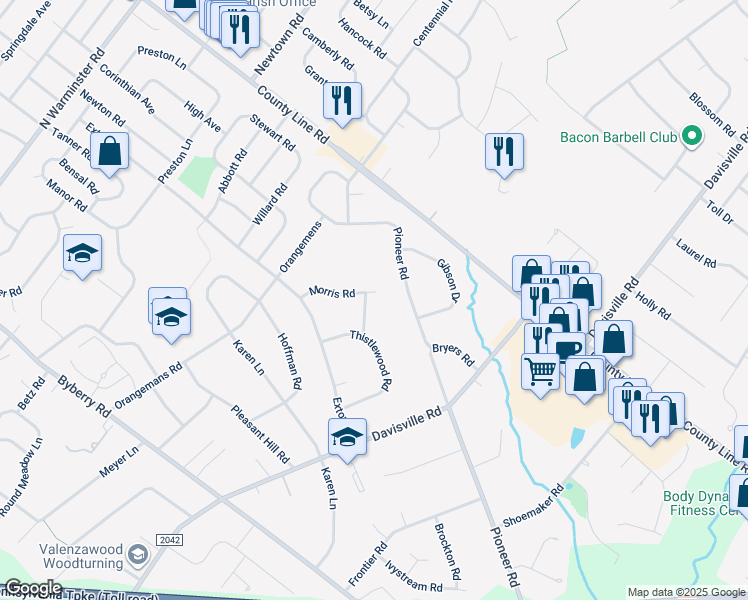 map of restaurants, bars, coffee shops, grocery stores, and more near 2530 Pioneer Road in Hatboro