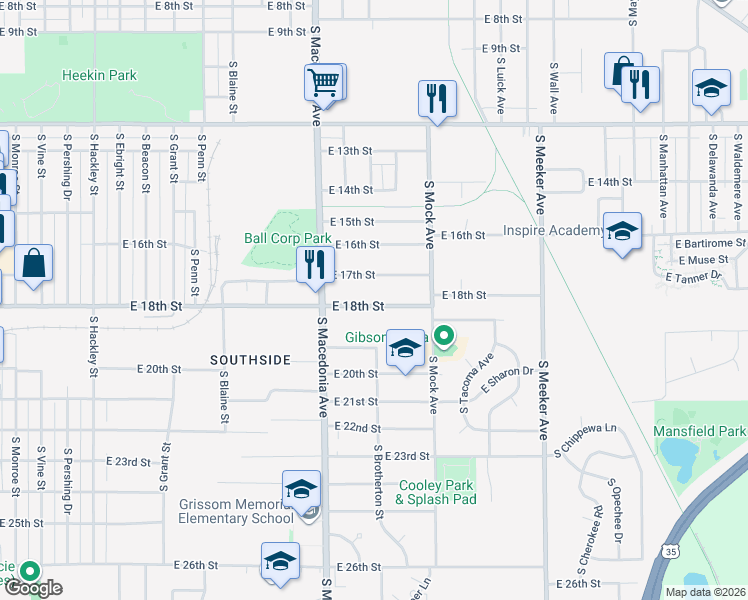 map of restaurants, bars, coffee shops, grocery stores, and more near 1905 East 17th Street in Muncie